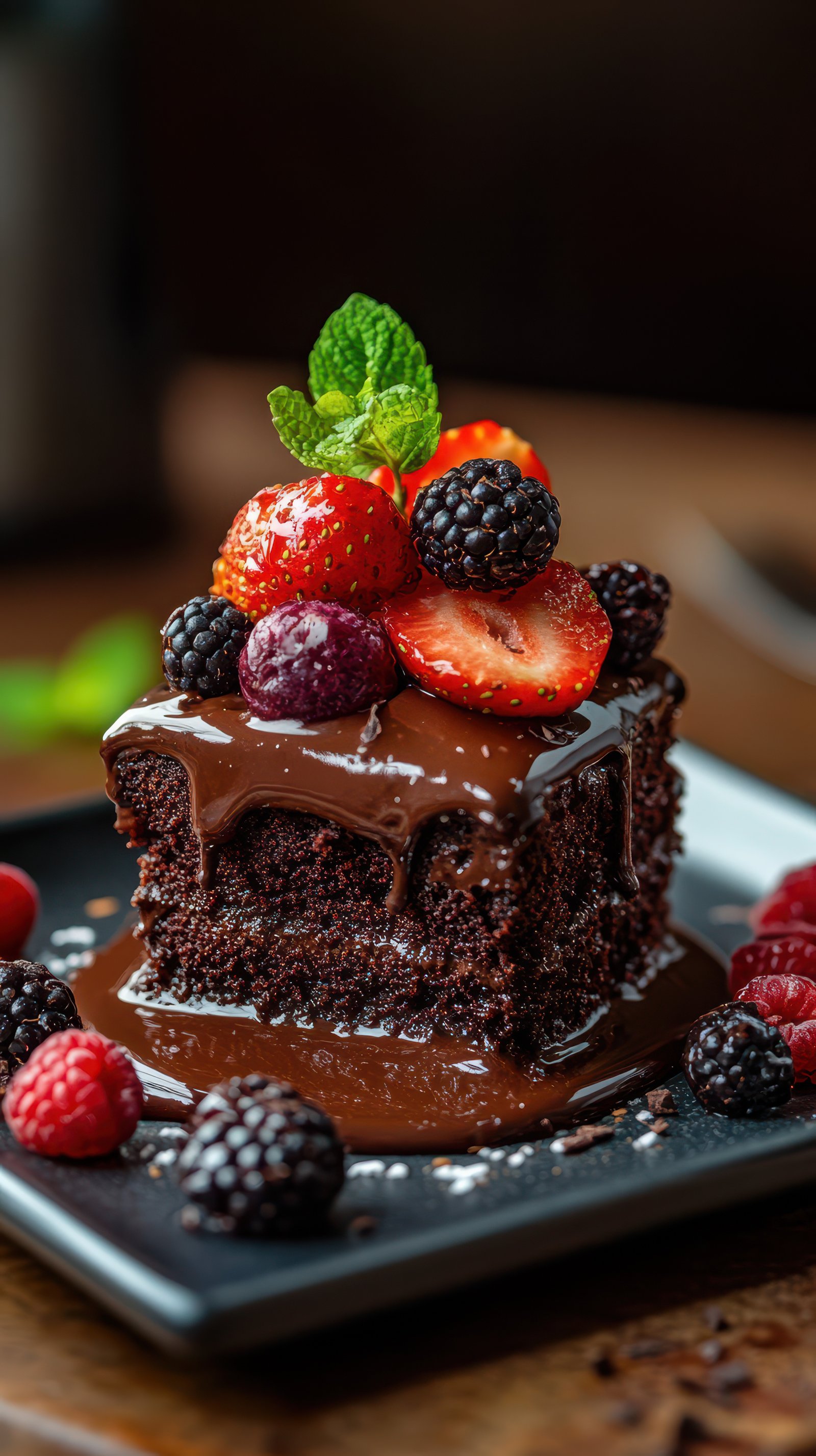 Decadent chocolate cake topped with fresh berries served on a black plate in a cozy setting